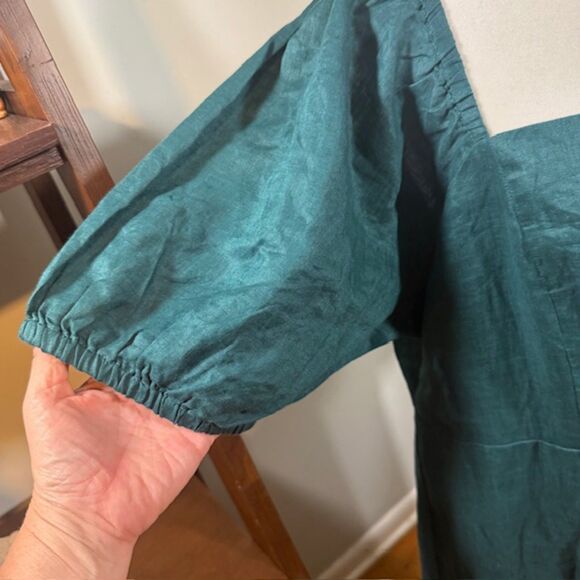 NWT Garnet Hill Linen Puff-Sleeve Midi Dress XL Teal Square Neck Cottagecore - Picture 4 of 11